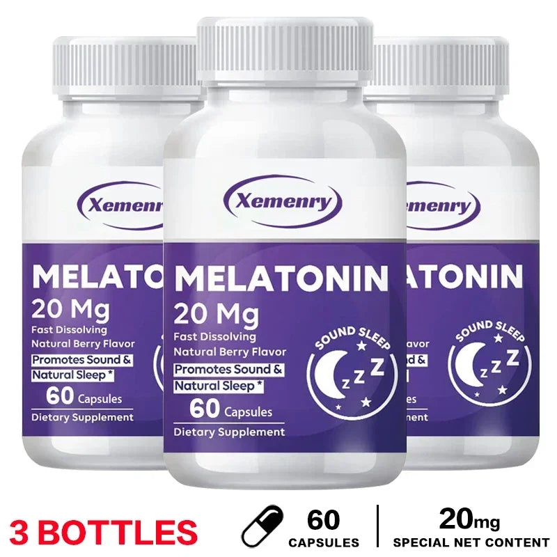 Melatonin Capsules 20mg - Aids Sleep, Improves Sleep Quality, Promotes Deep Sleep, Relieves Stress and Anxiety