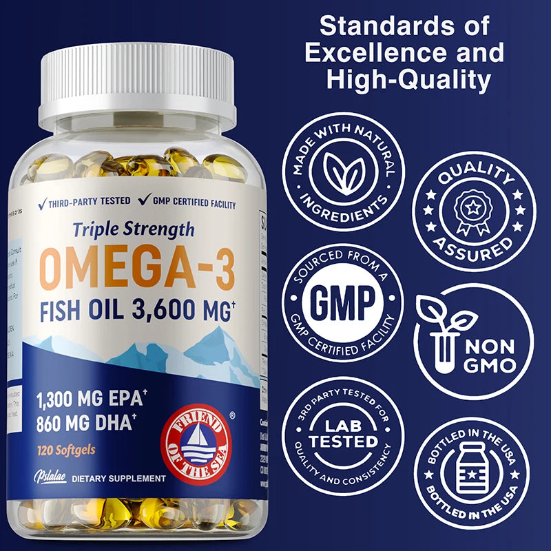 Omega 3 Fish Oil Capsules - Supports Eye and Skin Health, Promotes Brain Function, Improves Immunity, and Is An Antioxidant