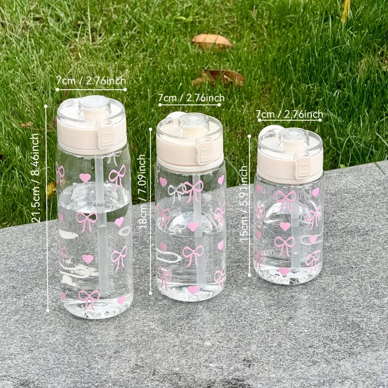 400/600/800ML Reusable Plastic Straw Water Bottle For Girls Cute Strawberry Bow Flower Drinkware Portable Iced Coffee Juice Cup
