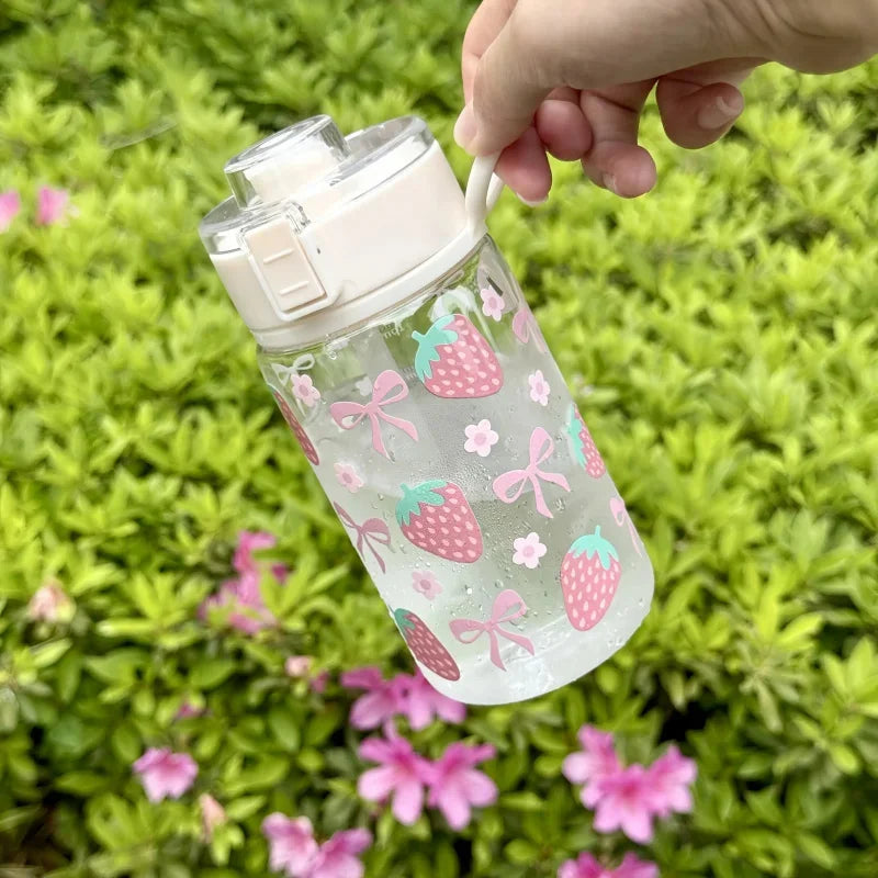 400/600/800ML Reusable Plastic Straw Water Bottle For Girls Cute Strawberry Bow Flower Drinkware Portable Iced Coffee Juice Cup