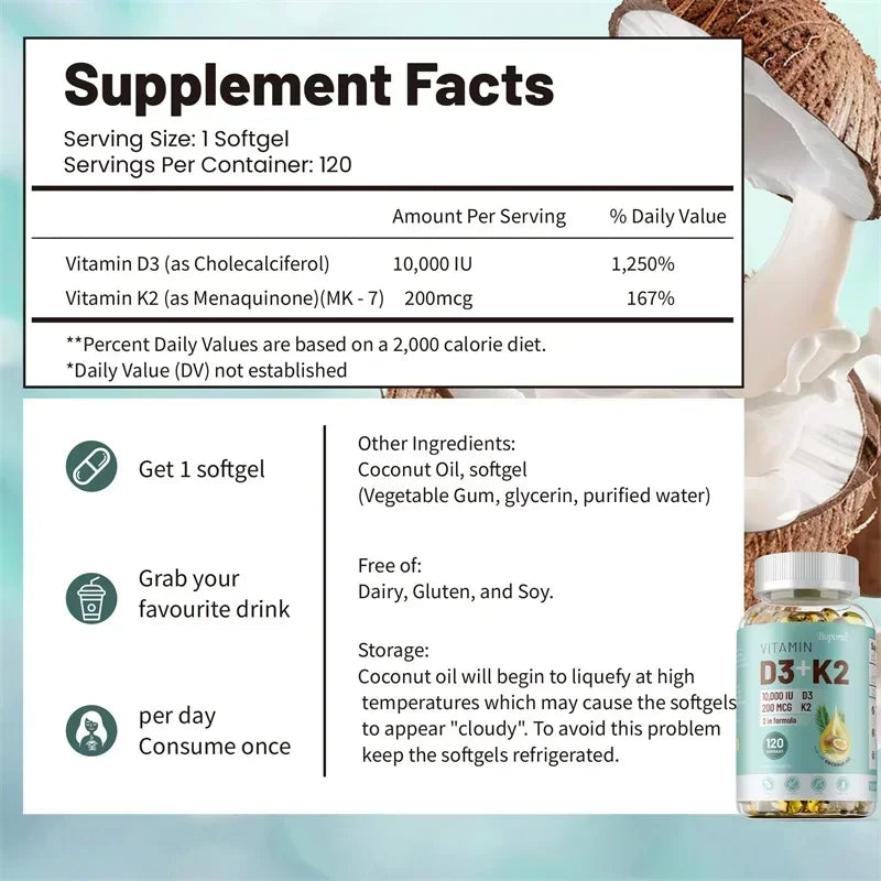 Vitamin D3 + K2 - Supplement for Bones, Heart and Teeth, Promotes Calcium Absorption, Bone Regeneration, Immunity