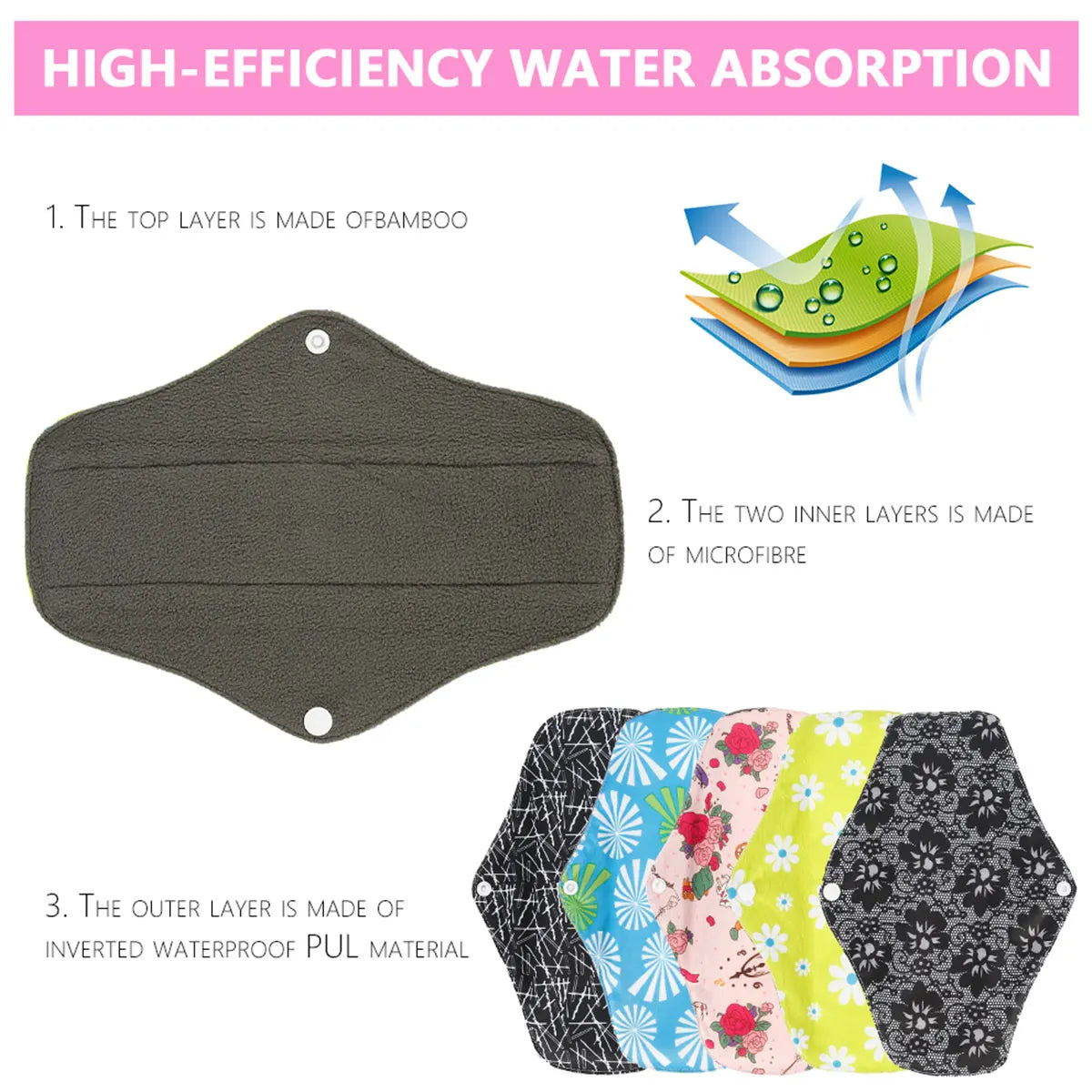 5-16Pcs Women's Reusable Menstrual Pads Absorbent Menstrual Panties  Super-Absorbent Soft and Comfortable Bamboo Sanitary Pads