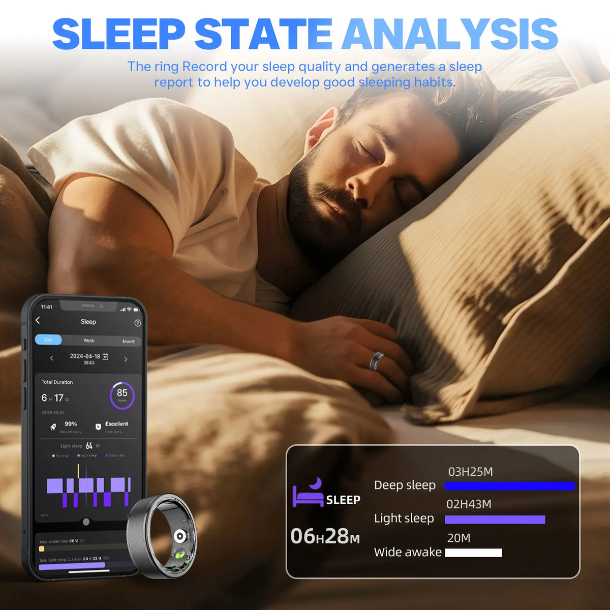 EIGIIS Smart Ring Wearable with Heart Rate/Blood Oxygen/Sleep Monitor 5ATM Waterproof Fitness Ring Health Tracker for Men Women